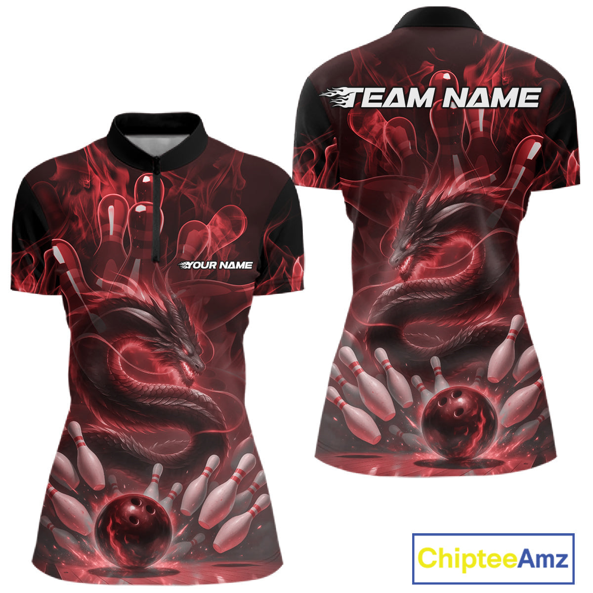 Custom Red Flame Dragon Bowling Women Quarter-Zip Shirts, Dragon Bowling League Shirt IPHW10226