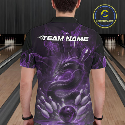 Custom Purple Flame Dragon Bowling Men Polo Shirts, Dragon Bowling League Shirt IPHW10227