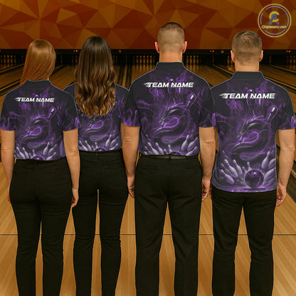 Custom Purple Flame Dragon Bowling Men Polo Shirts, Dragon Bowling League Shirt IPHW10227