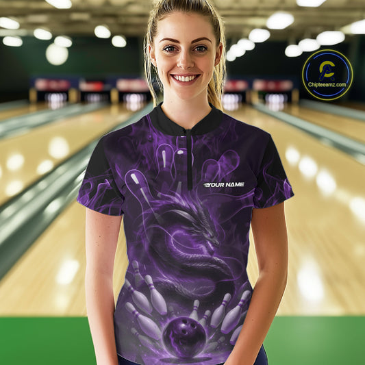 Custom Purple Flame Dragon Bowling Women Quarter-Zip Shirts, Dragon Bowling League Shirt IPHW10227