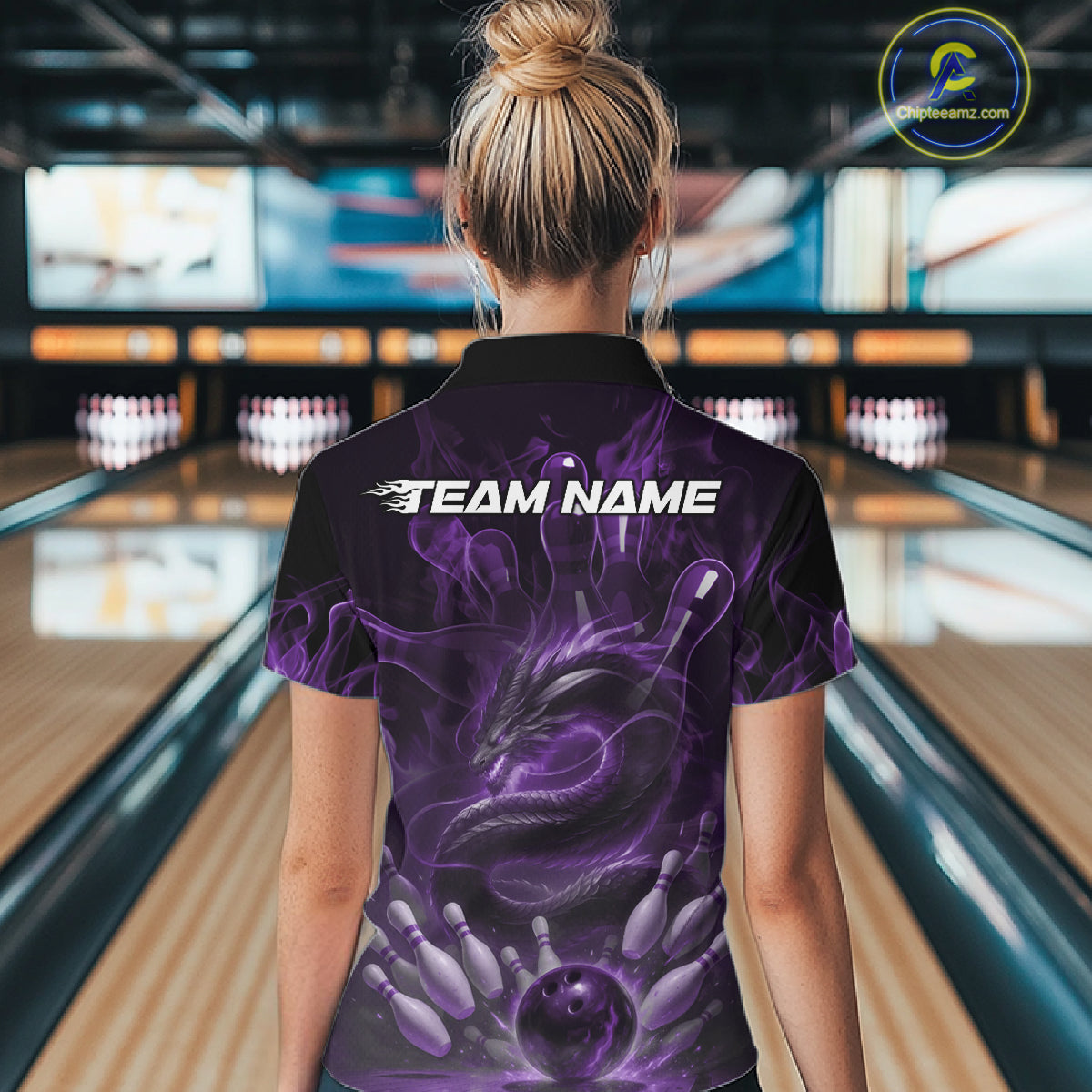 Custom Purple Flame Dragon Bowling Women Quarter-Zip Shirts, Dragon Bowling League Shirt IPHW10227