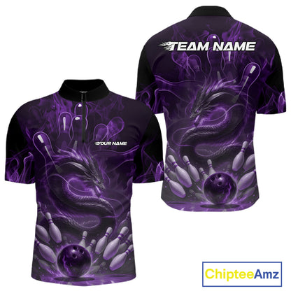 Custom Purple Flame Dragon Bowling Men Quarter-Zip Shirts, Dragon Bowling League Shirt IPHW10227