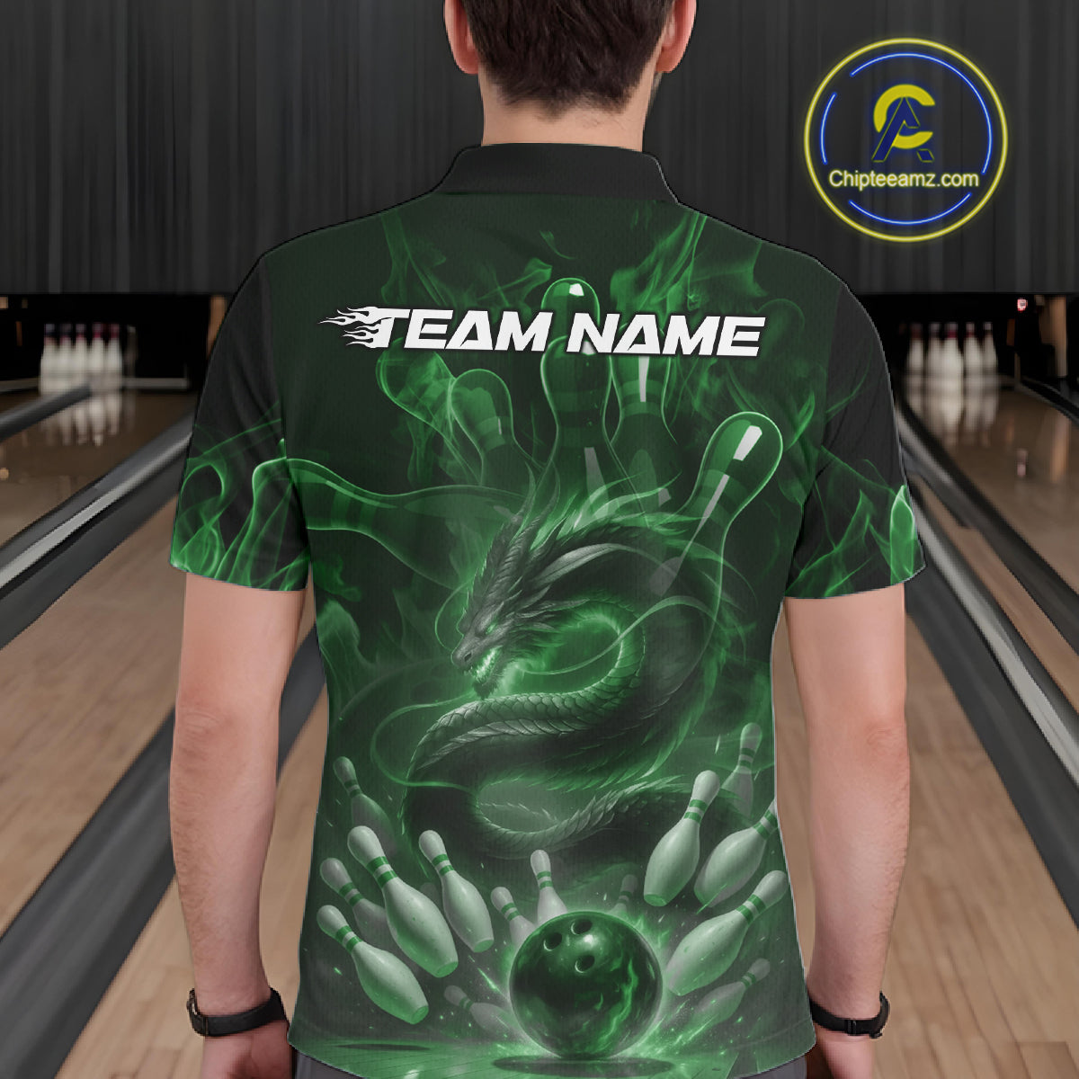 Custom Green Flame Dragon Bowling Men Polo Shirts, Dragon Bowling League Shirt IPHW10228