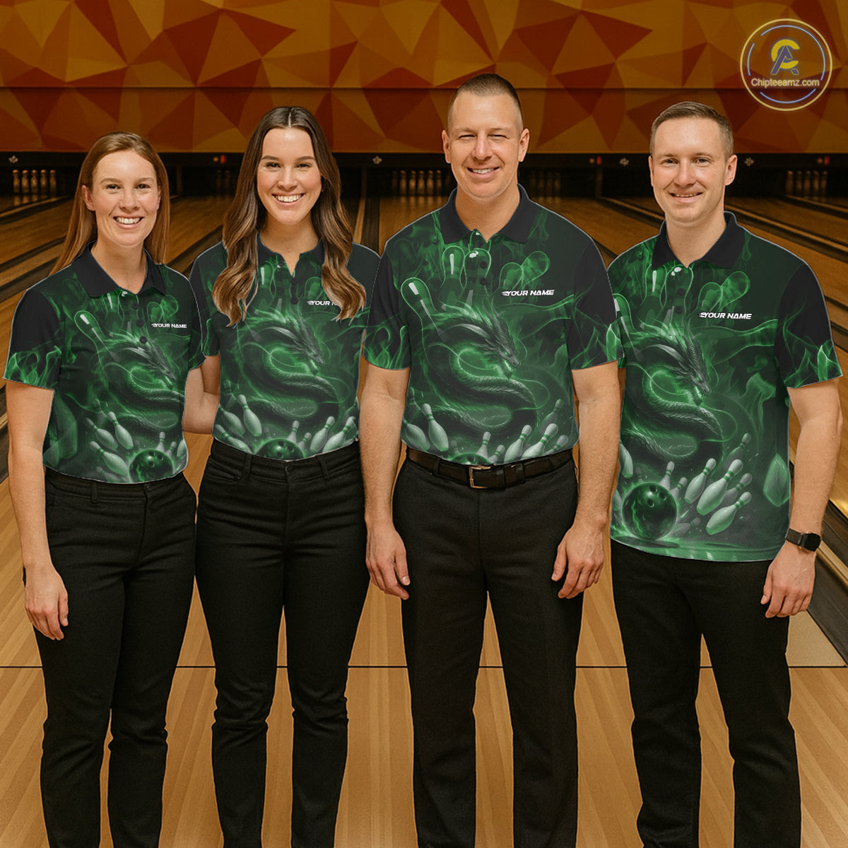Custom Green Flame Dragon Bowling Men Polo Shirts, Dragon Bowling League Shirt IPHW10228