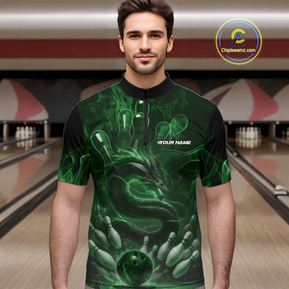 Custom Green Flame Dragon Bowling Men Quarter-Zip Shirts, Dragon Bowling League Shirt IPHW10228