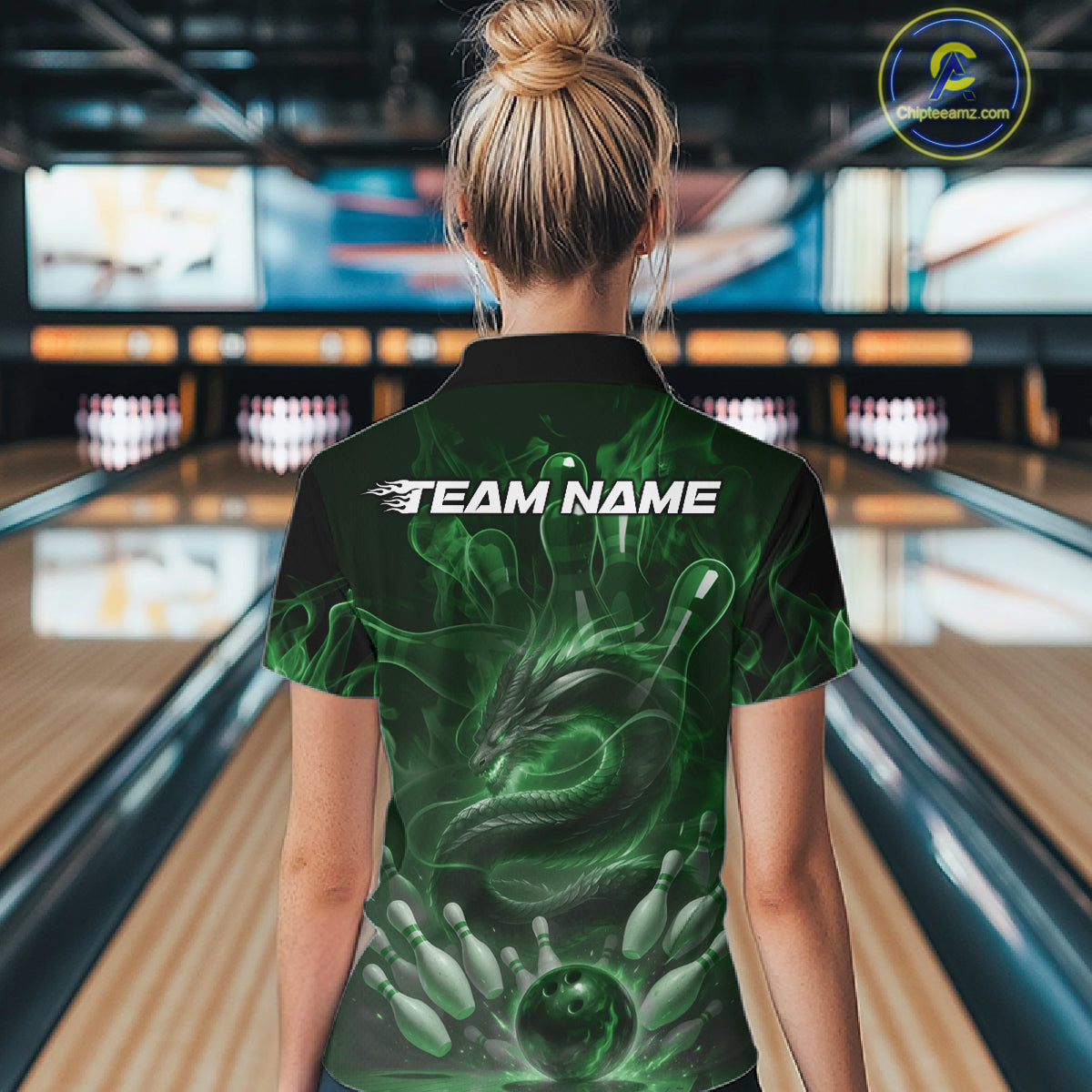 Custom Green Flame Dragon Bowling Women Quarter-Zip Shirts, Dragon Bowling League Shirt IPHW10228