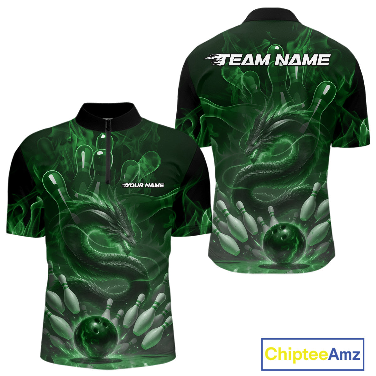 Custom Green Flame Dragon Bowling Men Quarter-Zip Shirts, Dragon Bowling League Shirt IPHW10228