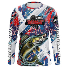 Load image into Gallery viewer, Red, White And Blue Lightning Camo Custom Walleye Long Sleeve Tournament Fishing Shirts IPHW6028