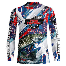 Load image into Gallery viewer, Red, White And Blue Lightning Camo Custom Pike Long Sleeve Tournament Fishing Shirts IPHW6030