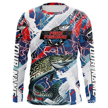 Load image into Gallery viewer, Red, White And Blue Lightning Camo Custom Pike Long Sleeve Tournament Fishing Shirts IPHW6030