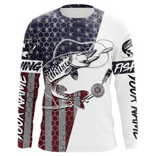 Load image into Gallery viewer, Custom Musky Fishing American Flag Shirts, Patriotic Musky Long Sleeve Fishing Jerseys IPHW6292