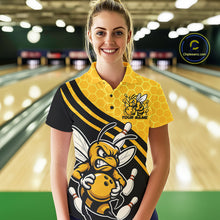Load image into Gallery viewer, Custom Black And Yellow Bee Bowling Women Polo Shirts, Honeycomb Bowling Team Shirt IPHW9044