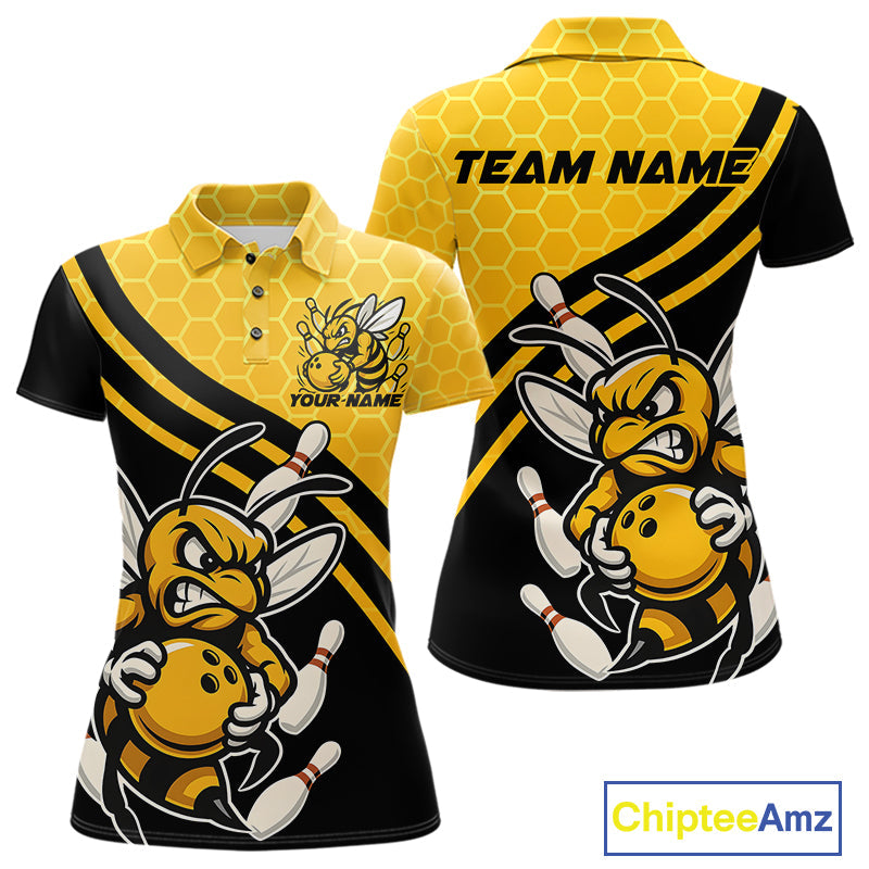 Custom Black And Yellow Bee Bowling Women Polo Shirts, Honeycomb Bowling Team Shirt IPHW9044