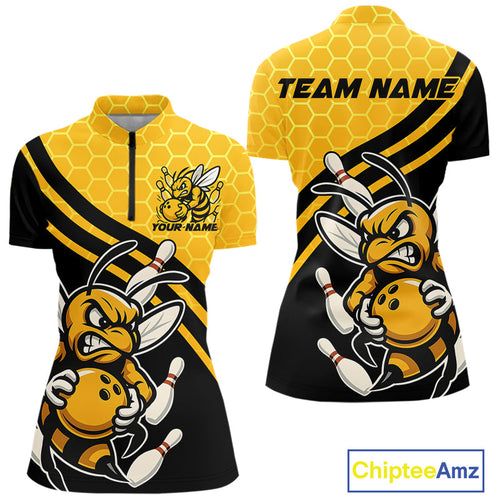 Custom Black And Yellow Bee Bowling Women Quarter-Zip Shirt, Honeycomb Bowling Team Shirt IPHW9044