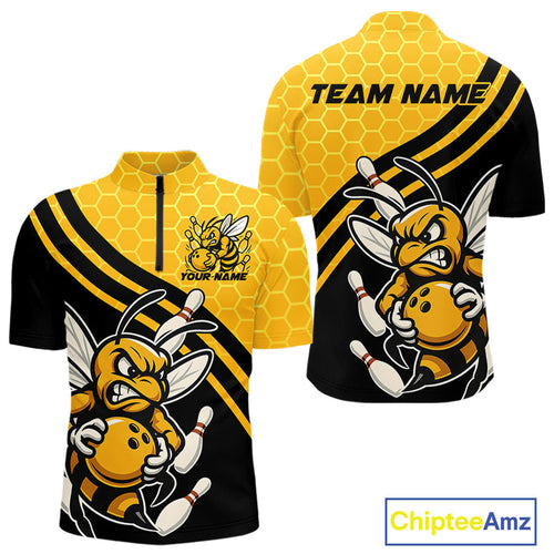 Custom Black And Yellow Bee Bowling Men Quarter-Zip Shirts, Honeycomb Bowling Team Shirt IPHW9044