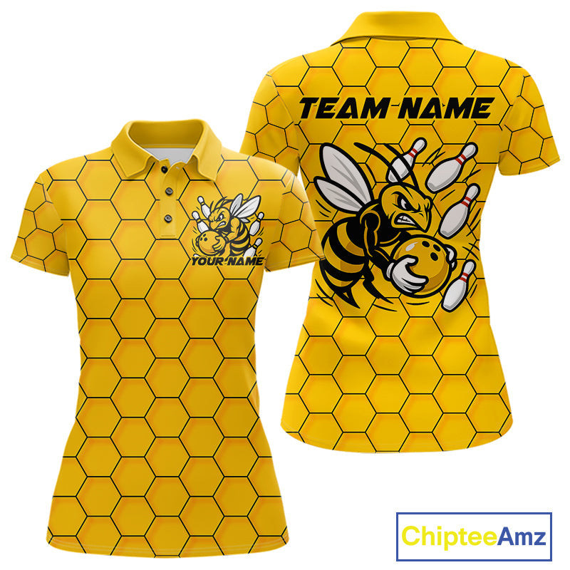 Custom Honeycomb Pattern Bee Bowling Team Women Polo Shirts, Bowling League Shirts IPHW9045