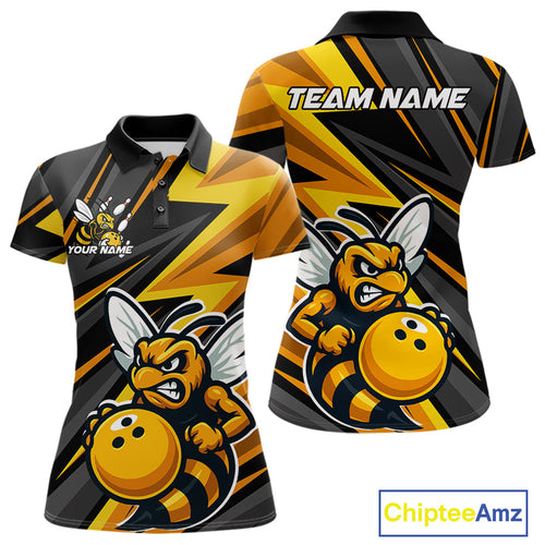 Custom Black And Yellow Bee Bowling Polo Shirts For Women, Bowling Team Uniform IPHW9046