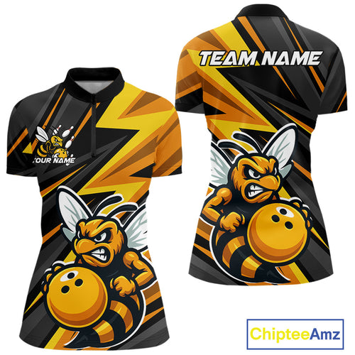 Custom Black And Yellow Bee Bowling Quarter-Zip Shirts For Women, Bowling Team Uniform IPHW9046