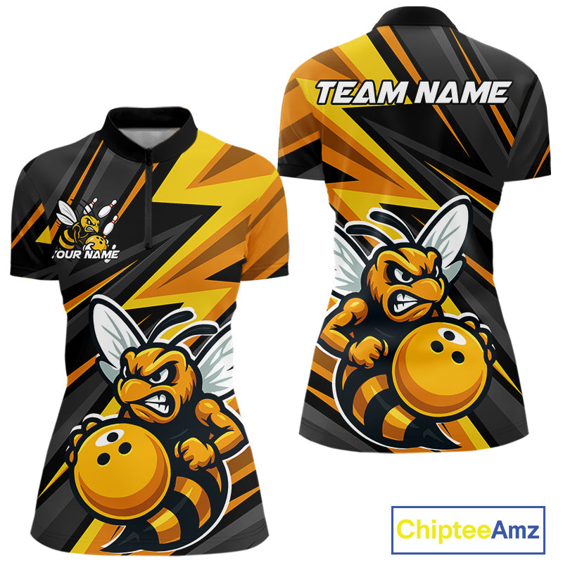 Custom Black And Yellow Bee Bowling Quarter-Zip Shirts For Women, Bowling Team Uniform IPHW9046