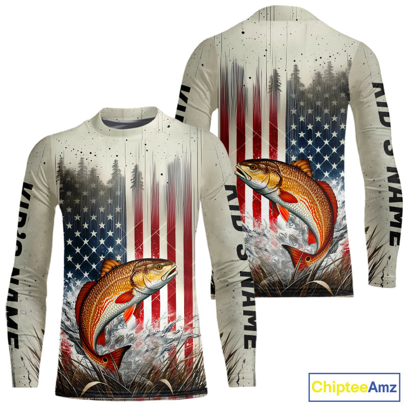Custom Patriotic US Flag  Redfish Puppy Drum Kid Long Sleeve Fishing Shirt, Redfish Fishing Jersey IPHW9294