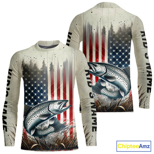 Custom Patriotic US Flag  Speckled Trout Kid Long Sleeve Fishing Shirts, Trout Fishing Jerseys IPHW9295