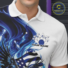 Load image into Gallery viewer, Left chest close up of a white and blue bowling polo shirt with eagle artwork, bowling elements, and flowing American flag inspired accents.