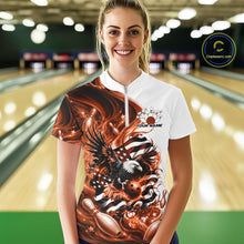 Load image into Gallery viewer, Front view of a female model in a bowling lane wearing a white and orange quarter zip shirt with eagle artwork and flowing flag inspired accents.