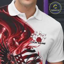 Load image into Gallery viewer, Left chest close up of a white and red bowling polo shirt featuring eagle artwork, bowling elements, and flowing American flag inspired accents.