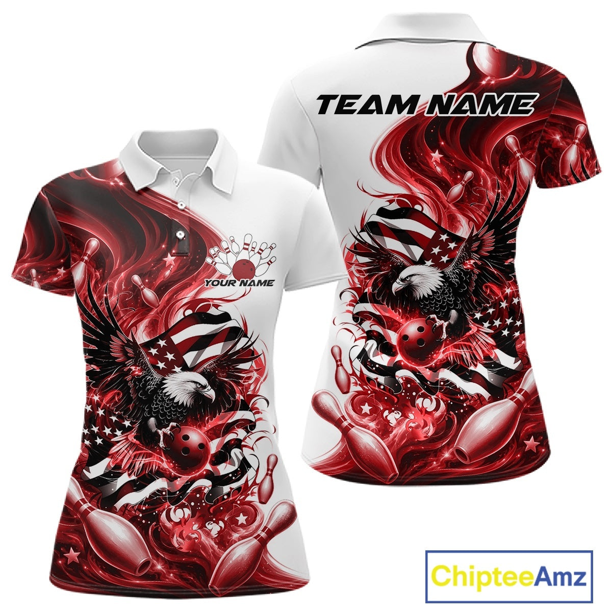 Front and back white and red women’s polo shirt mockup featuring eagle graphics, bowling elements, and flowing American flag inspired artwork.