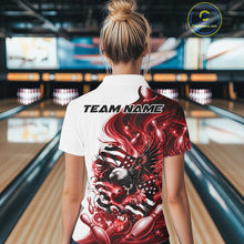 Load image into Gallery viewer, Back view of a female model at the bowling lane wearing a white and red bowling polo shirt with eagle and flag inspired artwork.