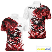 Load image into Gallery viewer, White and red men’s bowling polo shirt mockup shown front and back with eagle graphics, bowling elements, and flowing flag inspired artwork.