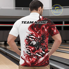 Load image into Gallery viewer, Male model front view at the bowling lane wearing a white and red bowling quarter zip shirt with eagle artwork and American flag inspired graphics.