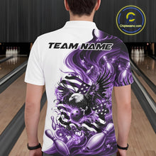 Load image into Gallery viewer, Back view of a male model at a bowling lane wearing a white and purple bowling polo shirt with eagle and flag inspired artwork.