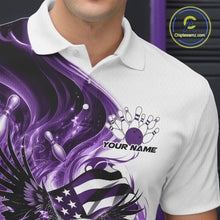 Load image into Gallery viewer, Close up left chest view of a white and purple bowling polo shirt with eagle artwork, bowling elements, and flowing flag inspired graphics.