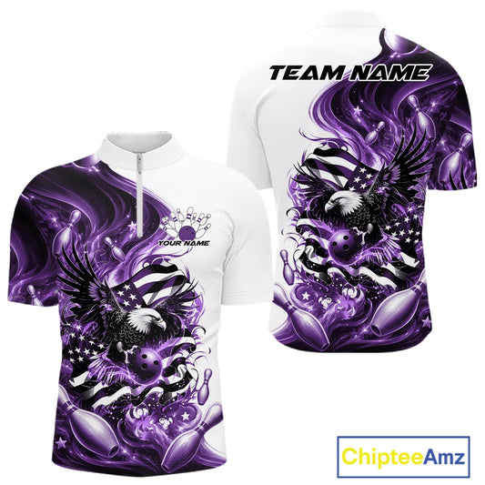 Front and back white and purple men’s bowling quarter zip shirt mockup featuring eagle graphics, bowling elements, and flowing American flag inspired artwork.