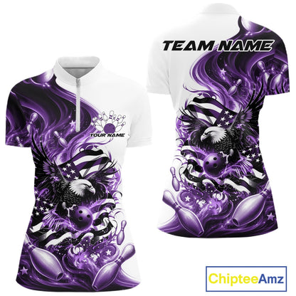 Front and back white and purple women’s bowling quarter zip mockup with eagle graphics, bowling elements, and flowing flag inspired artwork.