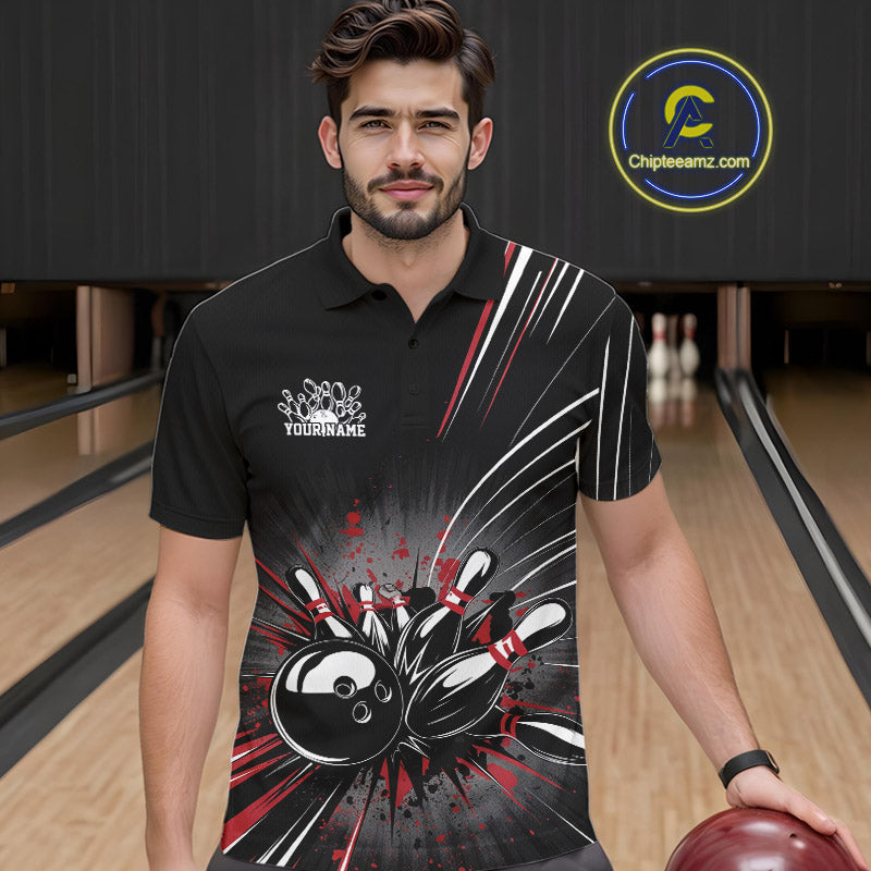 Custom Black And Red Grunge Bowling Team Jerseys, Men Bowling Polo Shirts IPHW9620