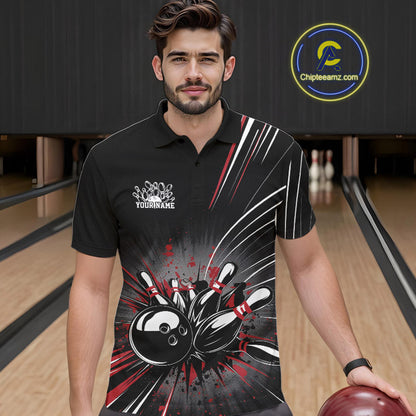 Custom Black And Red Grunge Bowling Team Jerseys, Men Bowling Polo Shirts IPHW9620