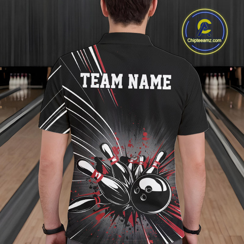 Custom Black And Red Grunge Bowling Team Jerseys, Men Bowling Polo Shirts IPHW9620