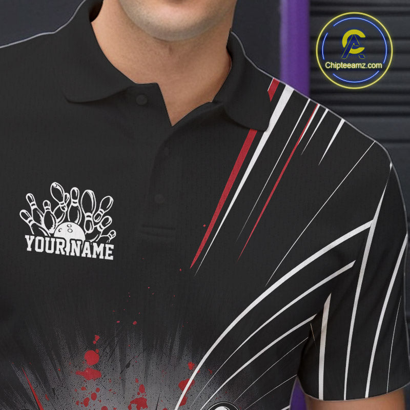 Custom Black And Red Grunge Bowling Team Jerseys, Men Bowling Polo Shirts IPHW9620