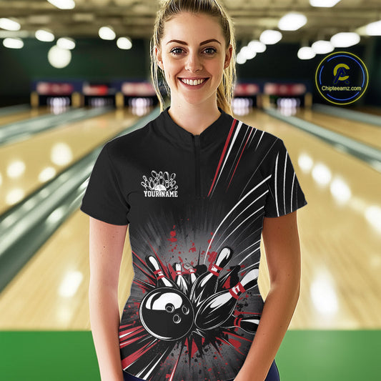 Custom Black And Red Grunge Bowling Team Jerseys, Women Bowling Quarter-Zip Shirts IPHW9620