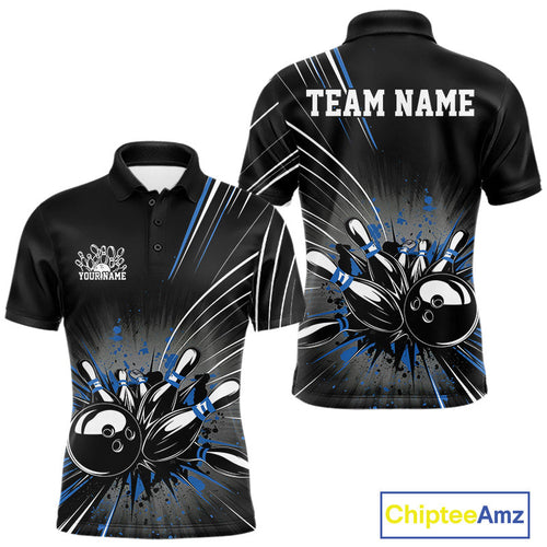 Custom Black And Blue Grunge Bowling Team Jerseys, Men Bowling Polo Shirts IPHW9621