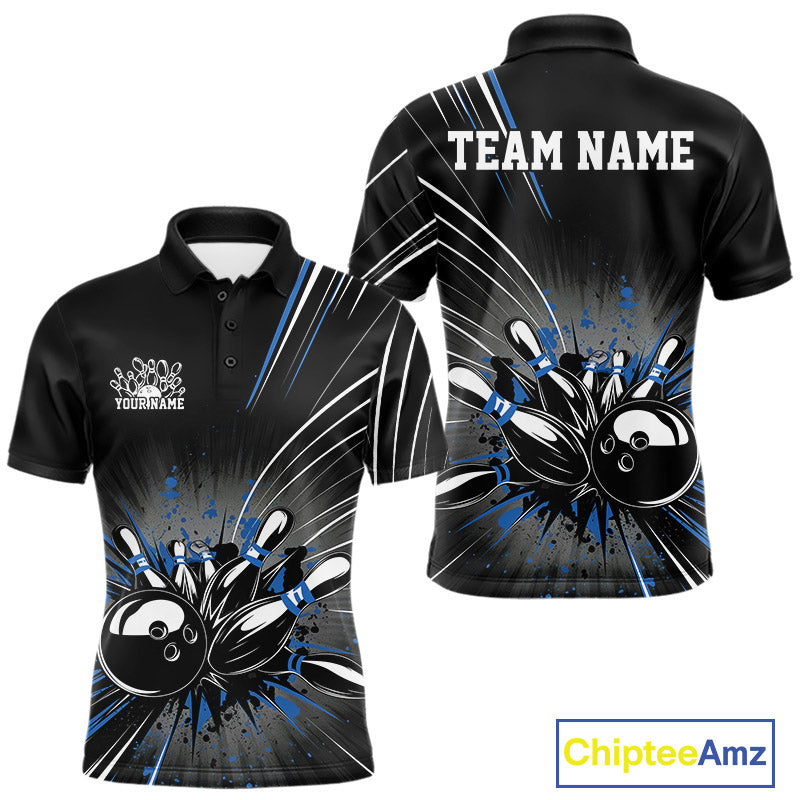 Custom Black And Blue Grunge Bowling Team Jerseys, Men Bowling Polo Shirts IPHW9621