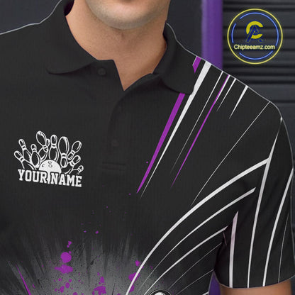 Custom Black And Purple Grunge Bowling Team Jerseys, Men Bowling Polo Shirts IPHW9622