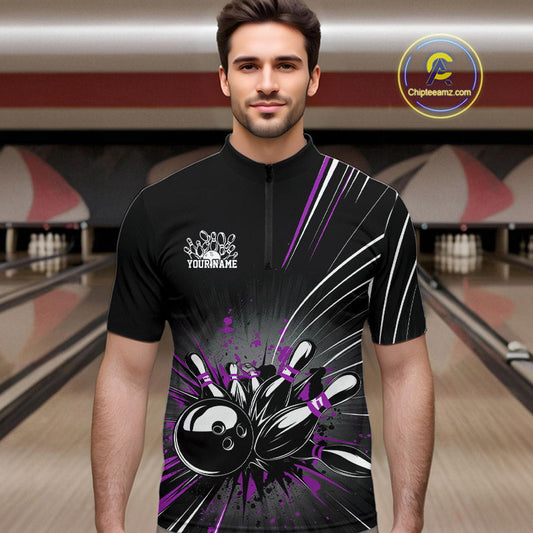 Custom Black And Purple Grunge Bowling Team Jerseys, Men Bowling Quarter-Zip Shirts IPHW9622