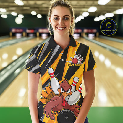 Custom Turkey Ladies Bowling Shirts, Yellow Thanksgiving Bowling Shirt Team Fall Outfits IPHW7661