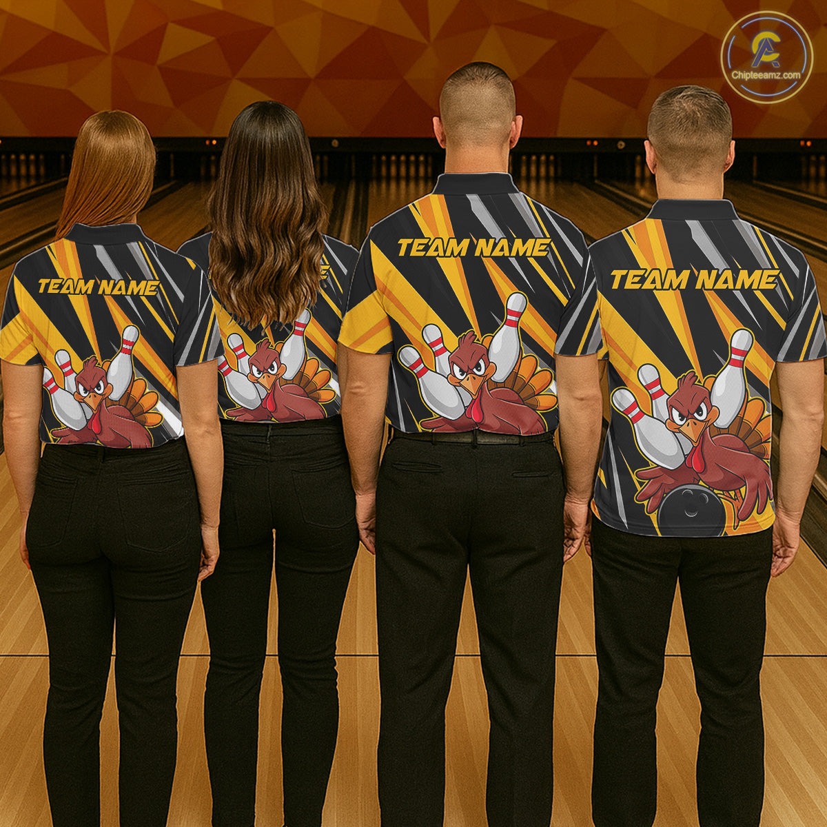 Custom Turkey Ladies Bowling Shirts, Yellow Thanksgiving Bowling Shirt Team Fall Outfits IPHW7661