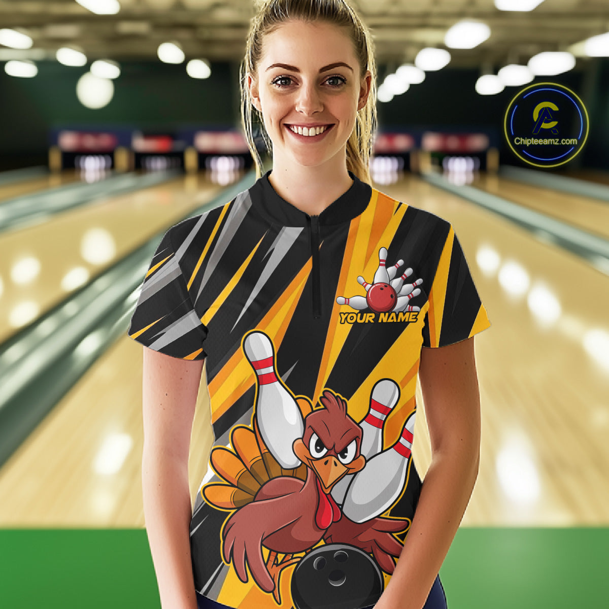 Custom Turkey Ladies Bowling Shirts, Yellow Thanksgiving Bowling Shirt Team Fall Outfits IPHW7661