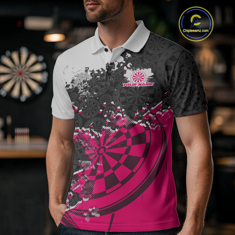 Custom Black And Pink Dartboard Dart Team Men Polo Shirt, Dartboard Pattern Dart Jerseys IPHW9989