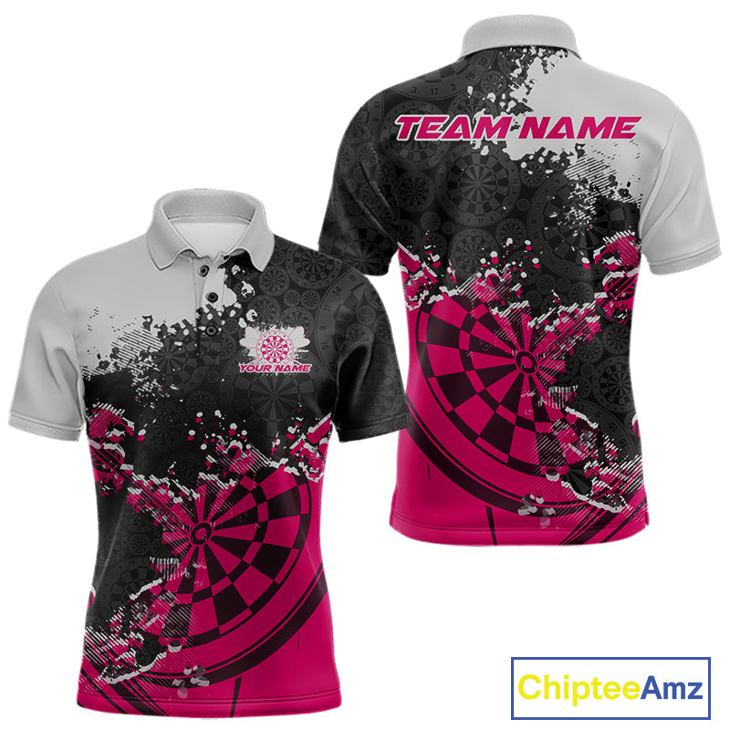 Custom Black And Pink Dartboard Dart Team Men Polo Shirt, Dartboard Pattern Dart Jerseys IPHW9989